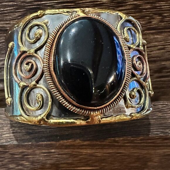 Artisan-Made Adjustable Black Onyx and Mixed Metals Cuff Bracelet - 2 Inches Wi - Picture 1 of 9